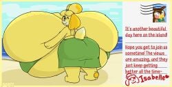 1girls animal_crossing anthro beach breast_expansion canine dog_girl english_text female furry heart hyper hyper_breasts isabelle_(animal_crossing) massive_breasts mattthetooncat nintendo text