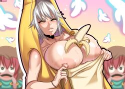 android android_girl april_fools areolae banana breasts breasts_out costume cybernetic_arm cybernetic_arms cybernetic_limb cybernetics cyborg huge_breasts large_breasts light-skinned_female light_skin nipples stevechopz suit sweat sweatdrop sweating sweaty sweaty_breasts virtual_youtuber vshojo white_hair yellow_eyes zentreya