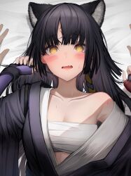 1boy 1girls animal_ear_fluff animal_ears arknights bandage bandaged_chest bare_shoulders black_hair blush blush collarbone dog_ears embarrassed long_hair long_sleeves looking_at_viewer lying lying_on_back lying_on_bed oerba_yun_fang saga_(arknights) tab_head yellow_eyes