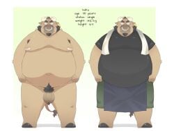 2023 anthro balls belly big_belly bottomwear bovid bovine brown_body cattle clothing english_text facial_piercing flaccid genitals ginsingoo1 hi_res kemono male mammal moobs navel nipples nose_piercing nose_ring overweight overweight_male penis piercing pubes ring_piercing shirt shorts solo text topwear towel towel_around_neck