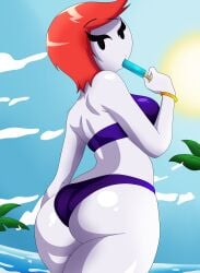 1girls ass ass_focus beach bikini bracelet ellie_rose female henry_stickmin_(game) looking_back mob_face nobytes_(artist) ocean popsicle red_hair short_hair sky solo stickman tagme thick_thighs