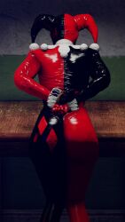 3d back_view batman:_arkham_knight batman_(series) big_ass big_butt dc dc_comics geon303 harley_quinn harley_quinn_(arkham) harley_quinn_(arkham_knight) harley_quinn_(classic) latex posing tied_up tight_suit