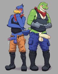 amphibian anthro avian balls bird blush clothing duo erection falco_lombardi frog genitals humanoid_genitalia humanoid_penis male male_only nintendo penis slippy_toad star_fox streif