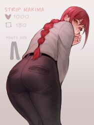 ass bending bending_over bubble_butt butt butt_focus chainsaw_man clothed_female clothes clothing commission greenu looking_at_viewer makima_(chainsaw_man) office_clothing orange_eyes pigtail red_hair strip_game