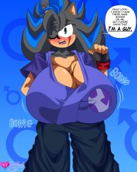 1boy big_breasts blush blushing blushing_male boing bouncing_breasts breasts breasts_bigger_than_head busty_boy cleavage embarrassed furry heavy_breasts hedgehog hexdoodz huge_breasts male male_breasts male_cleavage male_only male_tits male_with_breasts satoshi_(truebladedge1) solo solo_male talking_to_viewer truebladedge1