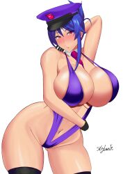 1girls big_breasts bikini blue_hair breasts busty curvaceous curvy curvy_body curvy_female curvy_figure female huge_breasts large_breasts original original_character red_eyes skyloveit sling_bikini voluptuous