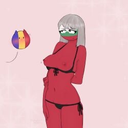 2girls bikini blush brown_eyes bulgaria_(countyhumans) countryballs countryhumans female gray_hair light_pink_background medium_breasts medium_hair red_body red_nipples red_skin romania_(countryhumans) tagme xx.canada.xx