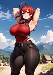 1girls aged_up ahoge ai_generated arms_up big_breasts breasts clothed eris_greyrat female female_only hi_res hips large_breasts light-skinned_female light_skin long_hair mushoku_tensei oatmealdood outdoors red_hair solo stable_diffusion thick_thighs thighs voluptuous wide_hips