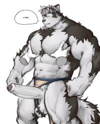 abs accessory anthro balls big_penis boner canid canine canis disembodied_hand erection foreskin fur genitals grey_body grey_fur groping_chest headband hi_res horkeukamui lifewonders male male_only mammal muscular muscular_anthro muscular_male nipples pecs penis phosbara tokyo_afterschool_summoners wolf