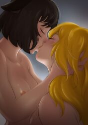 2girls animal_ears black_hair blake_belladonna blonde_hair blush canon_couple cat_ears closed_eyes collarbone female female_only hand_in_another's_hair hi_res highres kissing lesbian long_hair medium_hair multiple_girls nipple_slip nipples okonomiyaky rwby tender topless wholesome yang_xiao_long yuri