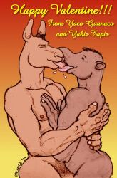 2013 anthro bodily_fluids camelid closed_eyes duo embrace english_text french_kissing genitals gradient_background guanaco hand_on_chest hi_res humanoid_hands intimate kissing male male/male mammal nipples nude palanca penis pubes saliva simple_background tapir text tongue tongue_out