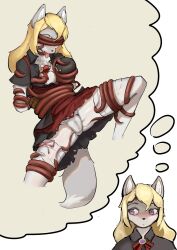 1girls absurd_res anthro big_breasts blonde_hair bottomwear breasts canid canine canis clothing female female_only fur gfox404 grey_body grey_fur hair hi_res legwear mammal skirt solo solo_female stockings tentacle thought_bubble tongue tongue_out underwear white_body white_fur wolf