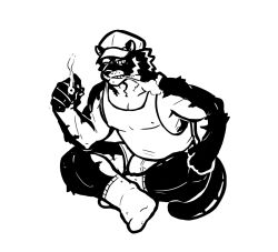 anthro bulge cigarette clothing crossed_legs felid footwear fur hat headgear headwear male mammal monochrome muscular muscular_male nipple_outline pantherine sartics shirt sitting smoking socks solo stripes tank_top tiger topwear underwear