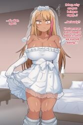 1futa breasts clothed clothing dakkoku_jiro dark-skinned_futanari dark_skin dialogue dress edit english_dialogue english_text fully_clothed futa_only futanari gyaru human pov solo standing tagme text wedding_dress