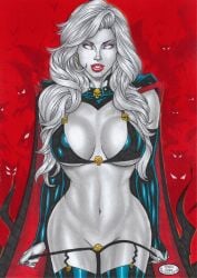 1girls bikini black_cape black_eyebrows black_makeup black_nail_polish black_nails breasts breasts_apart cape chaos_comics coffin_comics curvy curvy_female death_(personification) earrings ed_benes_studio eyebrows eyeshadow female_focus female_only grim_reaper hair hi_res high_resolution lady_death large_breasts legwear lipstick long_hair looking_at_viewer makeup no_pupils purple_eyeshadow purple_makeup queen_of_the_dead red_cape red_lipstick rudimar_patrocinio seductive_look thong thong_pull two-tone_cape underwear voluptuous voluptuous_female wavy_hair white_body white_hair white_sclera white_skin