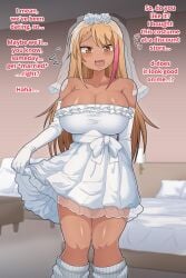 1futa big_breasts blonde_hair breasts clothed clothing costume dakkoku_jiro dark-skinned_futanari dark_skin dialogue dress edit english_dialogue english_text female fully_clothed futa_only futanari gyaru human solo standing tagme tan tanned_skin text wedding_dress yellow_hair