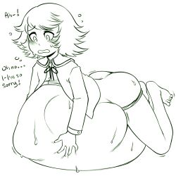 1boy accident ambiguous_prey ass belly big_belly bloated_belly blush danganronpa danganronpa:_trigger_happy_havoc embarrassed english english_text femboy femboy_pred fujisaki_chihiro laying_on_stomach monochrome nyxondyx oral_vore panties panties_down struggling struggling_prey text unwilling_pred vore