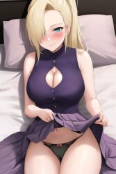 1girls ai_generated bare_chest bare_legs bare_shoulders bare_thighs before_sex big_breasts blonde_hair blue_eyes blush boruto:_naruto_next_generations breasts center_opening dannos female female_only hair_over_one_eye huge_breasts ino_yamanaka lifted_by_self lingerie mature mature_female milf nai_diffusion naruto naruto_(series) no_bra offering offering_to_viewer panties ponytail sitting sitting_on_bed skirt skirt_lift sleeveless sleeveless_shirt solo solo_focus stable_diffusion thighs tied_hair very_long_hair voluptuous