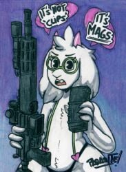 1boy animal_ears comedy deltarune dialogue eyebrows eyelashes feminine_male funny furry girly glasses gun horns humor large_ass magazine_(gun) magazine_(weapon) male_focus male_only meme navel panties parasitedeath ralsei scope solo_male suspenders text text_bubble thick_thighs thighs thong white_fur wide_hips