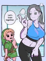 1boy 1girls after_exercise blonde_hair breasts crossover grey_hair hachinos_ssb link navel nintendo ocarina_of_time pale_skin size_difference speech_bubble steam steaming_body super_smash_bros. sweat sword the_legend_of_zelda white_skin wii_fit wii_fit_trainer yoga_pants young_link