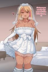 1futa blonde_hair clothed clothing dakkoku_jiro dark-skinned_futanari dark_skin dress edit english_dialogue english_text fully_clothed futa_only futanari gyaru human long_hair solo standing tagme wedding_dress