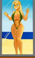 00284_(character) beach big_breasts bikini day green_bikini green_sling_bikini green_swimsuit heart lazulito my_little_pony sling_bikini sling_swimsuit slingshot_swimsuit smile tits window