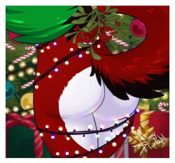 2019 ambiguous_gender anthro ass bondage border bound butt_shot candy candy_cane canid canine christmas christmas_decorations christmas_light_bondage christmas_lights christmas_present christmas_tree dessert food fox fur gift holidays male male_focus male_only mammal marystarlight mistletoe mistletoe_on_tail original original_character plant rear_view red_body red_fur signature solo tree victor_johansen white_border wolfstarlight