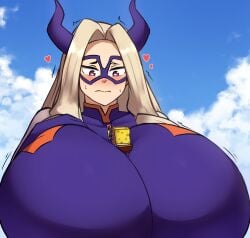 big_breasts blue_sky blush breasts breasts_bigger_than_head charlydibulol flower heart huge_breasts mount_lady my_hero_academia sky smooth_skin spongebob_squarepants spongebob_squarepants_(character) yuu_takeyama