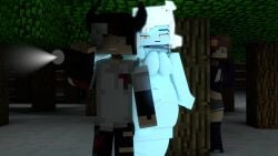 1boy 2girls 3d allie_(slipperyt) blue_eyes blue_skin breasts brown_hair changeling clothed_female demon_boy erect_nipples flower_in_hair forest ghost_girl horns horny_female human_female humanoid jenny_belle_(slipperyt) lamp looking_at_another mine-imator minecraft multicolored_hair night nude_female outside searching smile snow spying super_twit_(supertwit) supertwit tagme trees
