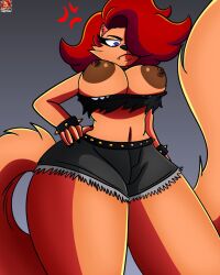 1girls anger_vein angry anthro areolae big_breasts blue_eyes breasts breasts_out clothed clothed_female female female_only furry hair_over_one_eye hand_on_hip lewdtoons looking_at_viewer looking_down nipples original red_hair shorts solo solo_female tail tatania_(lewdtoons)