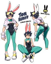 1girls absurd_res bent_over black_hair blush bongfillstudent bunny_ears bunny_girl bunny_industry_(bongfillstudent) bunny_tail bunnysuit english_text female female_only fingerless_gloves flat_chest glasses glasses_on_head green_leggings hoodie leggings looking_at_viewer multiple_views narrowed_eyes original rear_view shoes short_hair sitting solo text tom_bunny_(bongfillstudent) tomboy white_background yellow_eyes