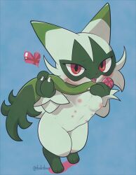 breasts felid feline female female_only feral floragato generation_9_pokemon green_fur nipples pokémon_(species) pokemon pokemon_(species) pokemon_sv simple_background small_breasts tbsktbwa watermark