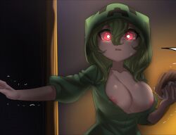 1girls cleavage creeper creeper-chan creeper_girl female female_only green_hair merryweather minecraft mob_talker nipple_slip nipples nipples_visible_through_clothing red_eyes tagme