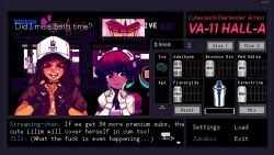 2girls android blush cum cum_on_body cum_on_face dark-skinned_female dialogue dorothy_haze drunk edit human julianne_stingray light-skinned_female mod multiple_girls open_mouth partially_clothed pixel_art spiritofrei streaming_chan text va-11_hall-a