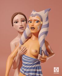 2girls 3d ahsoka_tano airress3d airress3d_(3d-modeller) alien alien_girl areolae blender blue_eyes breast_grab breast_press breasts brown_eyes brown_hair clone_wars clothing completely_nude completely_nude_female duo face_markings facial_markings female female_focus female_only hand_on_breast holding holding_breast jedi lekku lekku_(anatomy) light-skinned_female light_skin looking_at_viewer medium_breasts nipples no_bra nude nude_male orange_body orange_skin padme_amidala partially_clothed presenting presenting_breasts shirt_down simple_background small_breasts standing star_wars the_clone_wars:_season_seven togruta topwear watermark yuri