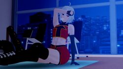 1girls 3d abs ahoge alternate_version_available dana_zane gym human koikatsu light-skinned_female light_skin long_hair looking_at_viewer partially_clothed solo solo_female spiritofrei steam sweat va-11_hall-a white_hair wiping_sweat