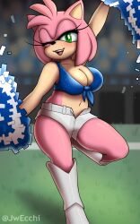 1girls amy_rose anthro armpits bare_shoulders big_breasts blue_top blush boots breasts cheerleader cheerleading cleavage clothed female female_only front-tie_top green_eyes jwecchi_(artist) light_skin looking_at_viewer midriff one_eye_closed open_mouth outdoors pink_body pink_fur pink_hair pom_poms sega shorts solo sonic_(series) sonic_the_hedgehog_(series) thick_thighs white_boots white_shorts