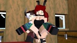 1boy 1girls 3d ahe_gao bed bedroom blue_eyes bunny_ears bunnysuit clothed_female clothed_male collar demon_boy from_behind green_eyes holding_legs horny_female human_female humanoid max_welsh_(maxyda) mine-imator minecraft multicolored_hair outside red_hair smile spread_legs standing standing_sex stockings super_twit_(supertwit) supertwit tagme tongue_out vaginal_penetration