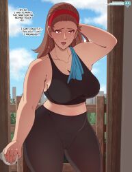 1girls 2023 alternate_version_available artist_name big_breasts breasts brown_hair cameltoe curvy door doorway english_text female laundrymom looking_at_viewer mature mature_female milf original pants plump pov_doorway sentoumi_awajiri sports_bra sportswear text thick_thighs thighs tight_pants url yoga_pants