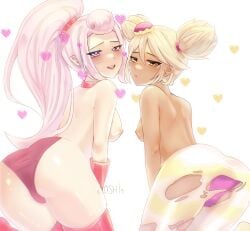 2girls 6yoshi9 ass_focus blonde_hair brawl_stars breasts crown gloves heart-shaped_pupils hearts janet_(brawl_stars) legwear mandy_(brawl_stars) pink_eyes pink_hair pink_panties ripped_clothing striped_legwear tagme torn_clothes yellow_eyes