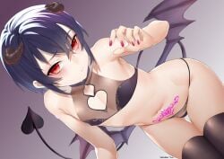 1boy 2022 :/ absurd_res arched_back armpits artist_name bikini black_bikini black_hair blush bulge crossdressing dated demon_boy demon_horns demon_tail demon_wings eyebrows_visible_through_hair femboy girly gradient_background highres hip_wings horns incubus leaning_forward looking_at_viewer male male_only nail_polish navel nipple_bulge original pink_nails pubic_tattoo purple_background red_eyes short_hair signature simple_background solo standing succubus swimsuit tail tattoo tawapo thigh_gap thighhighs thighs trap wings younger_male