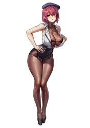 bra hand_on_hip hololive hololive_fantasy hololive_japan houshou_marine looking_at_viewer necklace office_lady open_clothes open_shirt pantyhose red_eyes red_hair sayanestia see-through shirt skirt standing thick_thighs thighs tight_clothing virtual_youtuber yellow_eyes