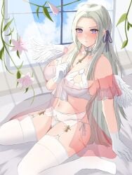 1girls angry bare_thighs bed bra breasts edelgard_von_hresvelg female female_only fire_emblem fire_emblem:_three_houses frown garter_belt gloves grey_hair halo indoors lingerie long_hair medium_breasts nightgown nintendo on_bed panties peli_cantaro purple_eyes see-through solo thighhighs thighs underwear very_long_hair white_panties window wings