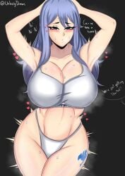 better_version_at_source blush dialogue fairy_tail heart highleg_panties hourglass_figure juvia_lockser lowres panties sports_bra steam steaming_body sweat thick_thighs unholydraws wide_hips workout workout_clothes