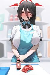 1girls 2023 absurd_res amondo_(almondnuts117) apron bare_arms black_hair blue_archive blush bow bowtie breast_squeeze breasts buying_condoms clothed clothing condom_box convenience_store female female_only hair_between_eyes halo hand_on_arm hasumi_(blue_archive) highres id_card indoors justice_task_force_(blue_archive) large_breasts light-skinned_female light_skin long_hair long_ponytail looking_down mole mole_under_eye open_mouth ponytail red_eyes shirt shop solo standing store sweat sweatdrop tied_hair trinity_general_school_student v_arms very_long_hair