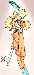 1girls bean_smile blonde_hair breasts cuphead_(game) earrings female female_only flexible gloves grin leg_up loodles necklace partially_clothed presenting pussy sally_stageplay shoes_only skinny small_breasts smiling_at_viewer teeth thin_female yellow_hair