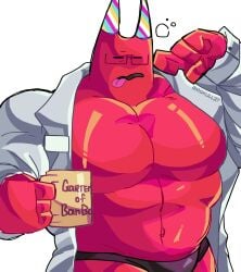 1boy abs anthro banban_(garten_of_banban) bara belly_button bulge closed_eyes garten_of_banban gay glasses horns jockstrap male male_focus male_only moobs mug muscular muscular_male open_clothes pecs red_body simple_background sleepy solo thong tongue underwear video_games