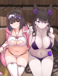 2019 2girls bakutendou bikini black_bikini black_hair blush book bookshelf bow breasts cleavage cleavage_cutout double_bun fate/grand_order fate_(series) female female_only gradient_hair hair_ornament hairband highres hoodie indoors large_breasts library light-skinned_female light_skin long_hair multicolored_hair multiple_girls murasaki_shikibu_(fate) navel open_clothes open_hoodie open_mouth osakabe-hime_(fate) pale-skinned_female pale_skin purple_eyes red_eyes sitting swimsuit thick_thighs thigh_gap thighhighs thighs tied_hair tongue two_tone_hair very_long_hair white_bikini