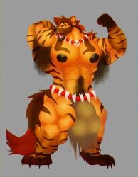 anthro balls_outline big_bulge bottomwear bulge clothing detailed_bulge fur genital_outline hi_res huge_bulge hyena hyper loincloth male mammal muscular muscular_anthro muscular_male solo tribal underbite