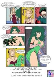 2girls big_breasts blonde_hair breast_expansion cleavage english_text female female_deku female_focus female_only gender_transformation genderswap_(mtf) green_hair huge_breasts izuku_midoriya large_breasts mtf_transformation my_hero_academia navel rule_63 snake_hair speech_bubble text the63rdrule thick_thighs tight_clothing tight_dress transformation uwabami wide_hips